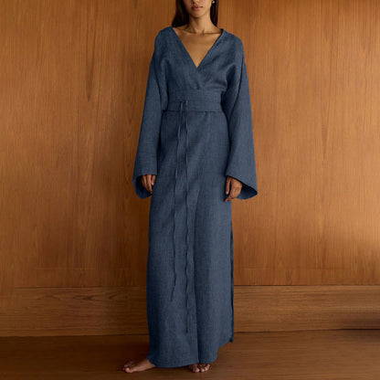 Casual Cross Design Lace up Dress Women V neck Long Sleeve Split High Waist Maxi Dress