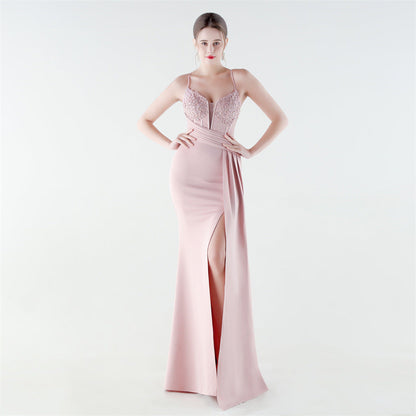 Deep V Plunge Waist Tight High Slit Sequin Embroidered Strap Slim Fit Elegant Evening Dress