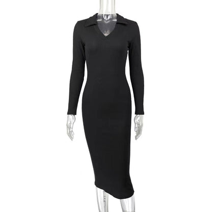 Autumn Winter Women Clothing Midi French Sexy Deep V Plunge Plunge Collared Slimming Dress