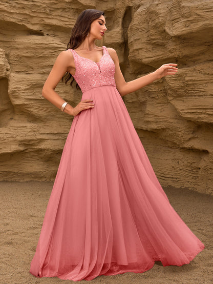 Elegant Sequin Stitching Mesh Double Collar Party Dress Sleeveless Large a Hem Full Lining Maxi Dress Prom