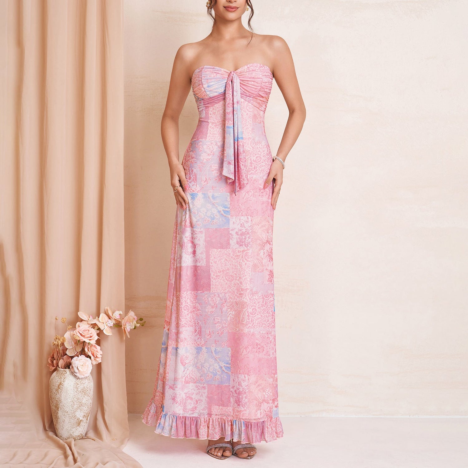 Summer Mesh Printed Dress Sexy Graceful Tube Top Lace up Backless Wooden Ear Decorative Dress by Ragazza
