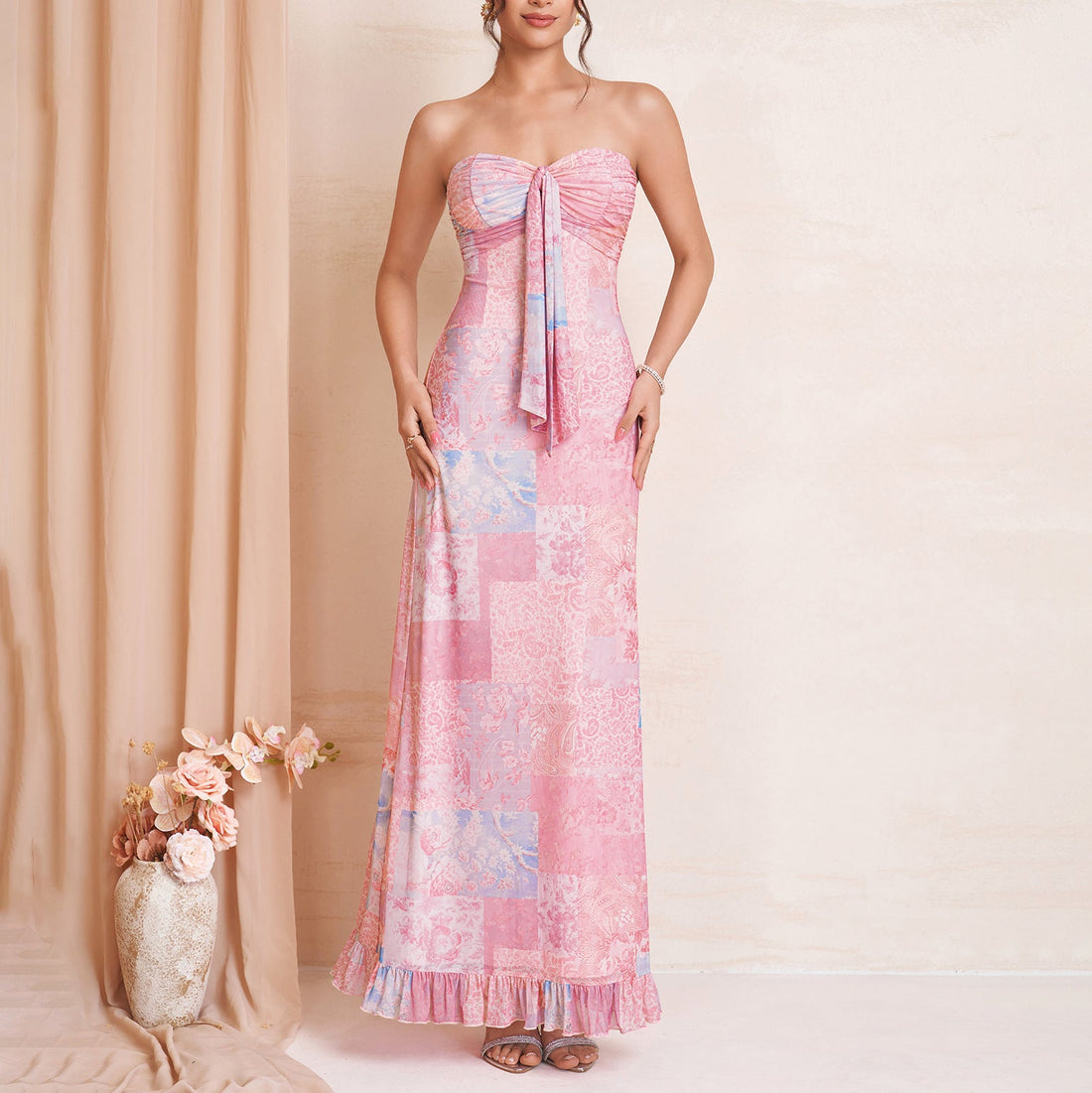 Summer Mesh Printed Dress Sexy Graceful Tube Top Lace up Backless Wooden Ear Decorative Dress by Ragazza