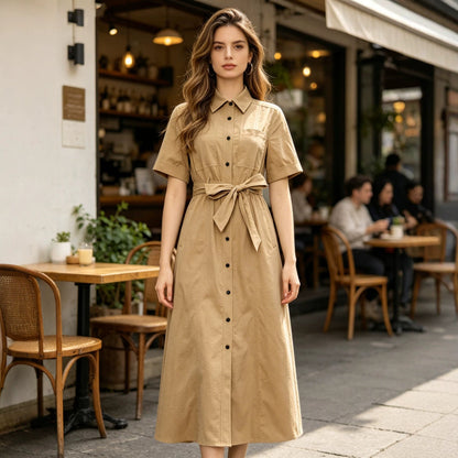 Women Short Sleeve Collared Waistband Breasted Decorative Khaki Shirt Dress by Ragazza