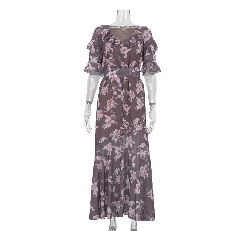 Elegant Fashionable Printing a Line Dress Women Summer V neck Short Sleeve Single Breasted Split Dress by Ragazza