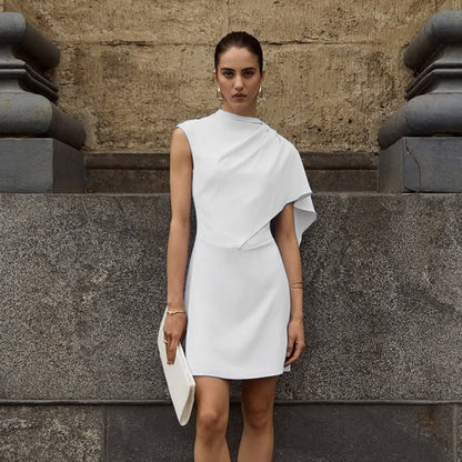 Irregular Asymmetric White Sleeveless Waist Tight Elegant Dress Women Elegant Slim Fit by Ragazza