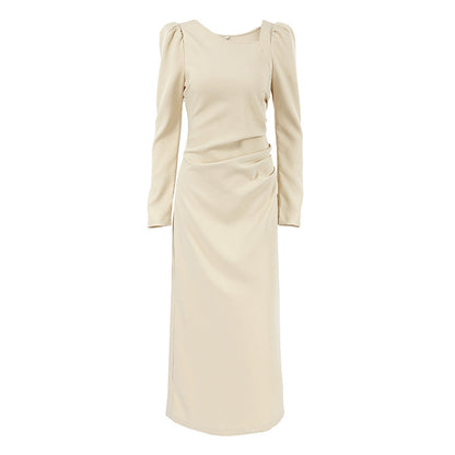 Autumn Casual Elegant Irregular Asymmetric Collar Puff Sleeve Tight Split Dress Khaki Maxi Dress by Ragazza