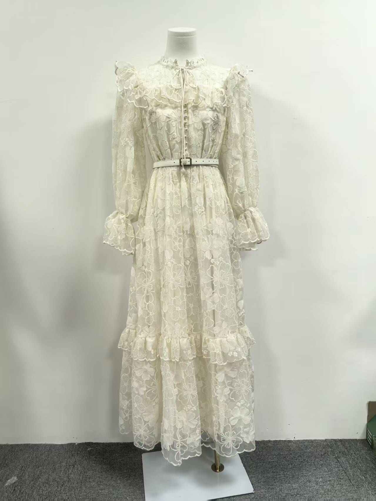 Summer Elegant Retro Lace Belt Lantern Sleeve Slim Slimming High Waist Dress Women by Ragazza