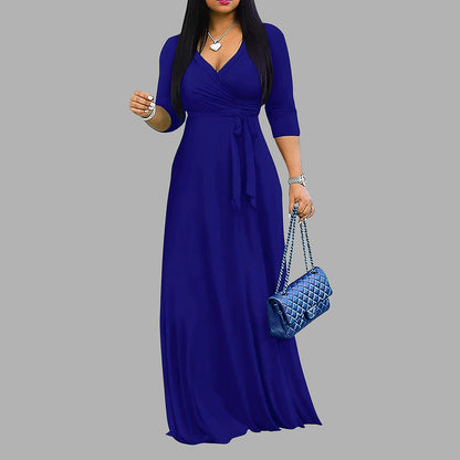 Women Clothing Spring Summer Elegant Solid Color V neck Waist Half Sleeve Maxi Dress