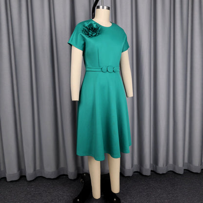 Elegant Decorative Button Dress A Swing High Waist Slimming Three Dimensional Applique Solid Color Dress by Ragazza