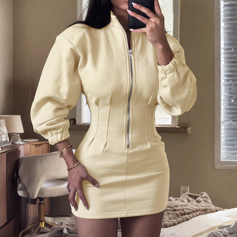 Women Clothing Autumn Winter Solid Color Casual Stand Collar Long Sleeve Zipper Waist Tight Sweater Short Dress