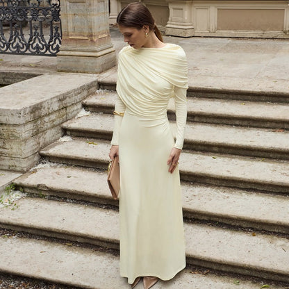 Women Clothing Autumn Fashionable Elegant Slim Fit Crumpled Irregular Asymmetric Solid Color Long Sleeved Dress