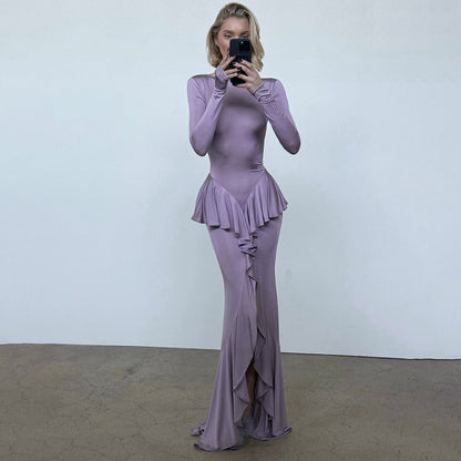 Spring Summer Sexy Backless Women Dress Elegant Ruffles Slit Slim Fitting Dress by Ragazza