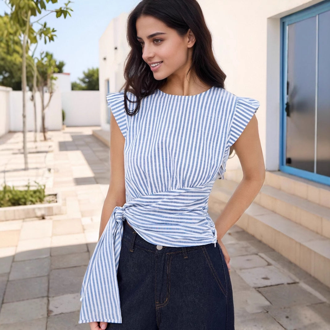 Elegant Chic Striped round Neck Sleeveless Waist Slim Fit Short Temperamental Women Top by Ragazza