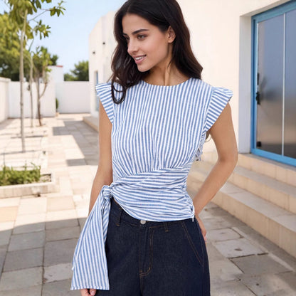 Elegant Chic Striped round Neck Sleeveless Waist Slim Fit Short Temperamental Women Top by Ragazza
