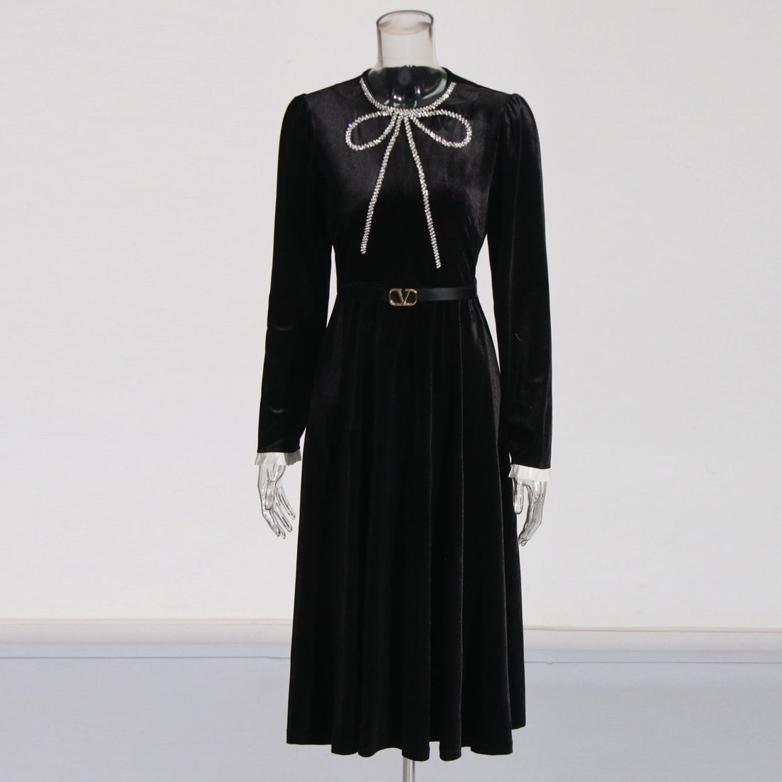 Elegant Light Luxury Cocktail Dress Autumn Diamond Bow High Waist Slim Dress Women by Ragazza