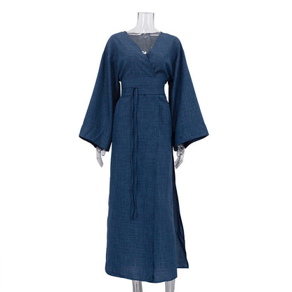 Casual Cross Design Lace up Dress Women V neck Long Sleeve Split High Waist Maxi Dress