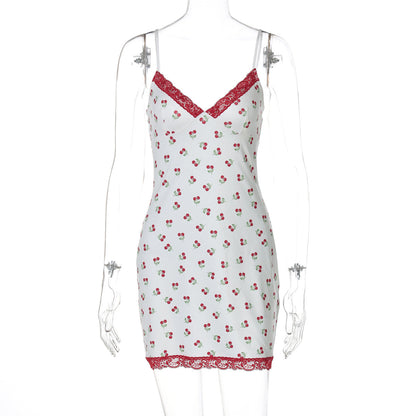 Women Clothing Summer Fresh Sweet Print Stitching Lace Strap Dress for Women