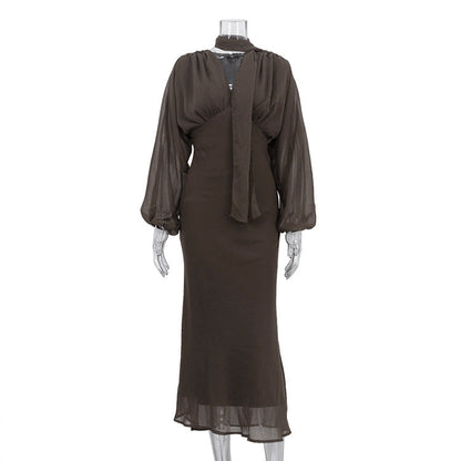 Elegant Women Clothing Autumn Design Pleated Dress Fashionable Scarf V neck Long Sleeve Narrow Maxi Dress