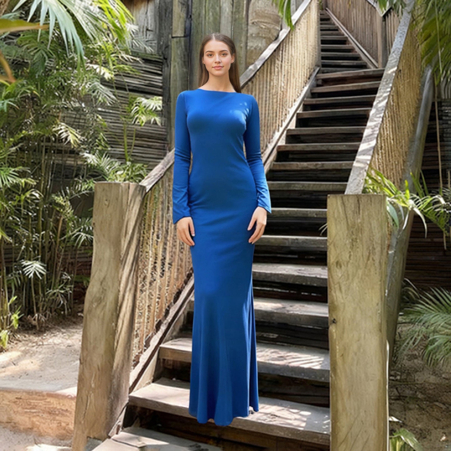 Lace up Stitched Backless Sexy Long Sleeved Dress Women Vacation Elegant Pure Maxi Dress by Ragazza