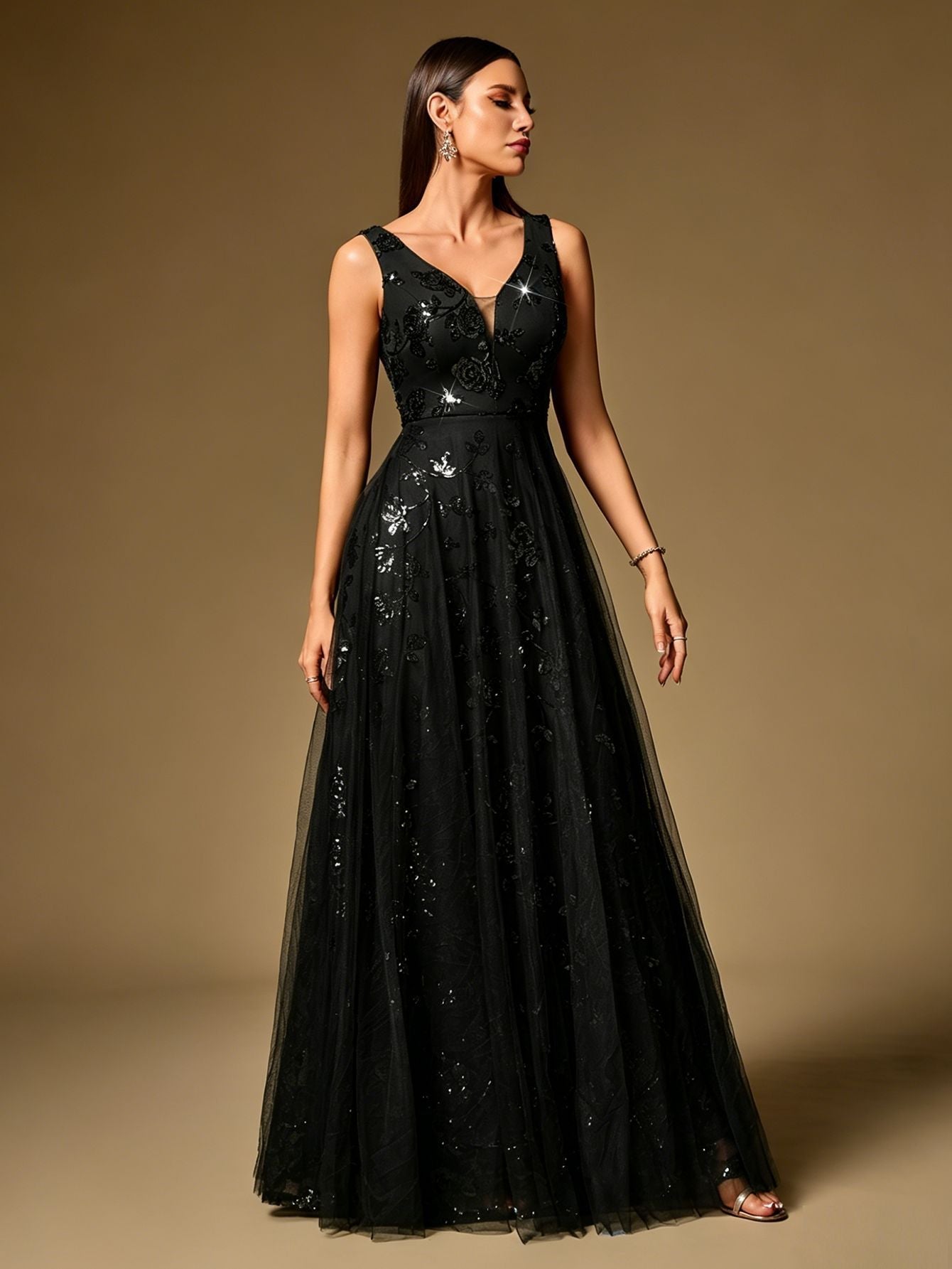 Sexy Deep V Plunge neck Large Swing Evening Dress Elegant Sexy Strap Pattern Sequin Gauze Dress Women by Ragazza