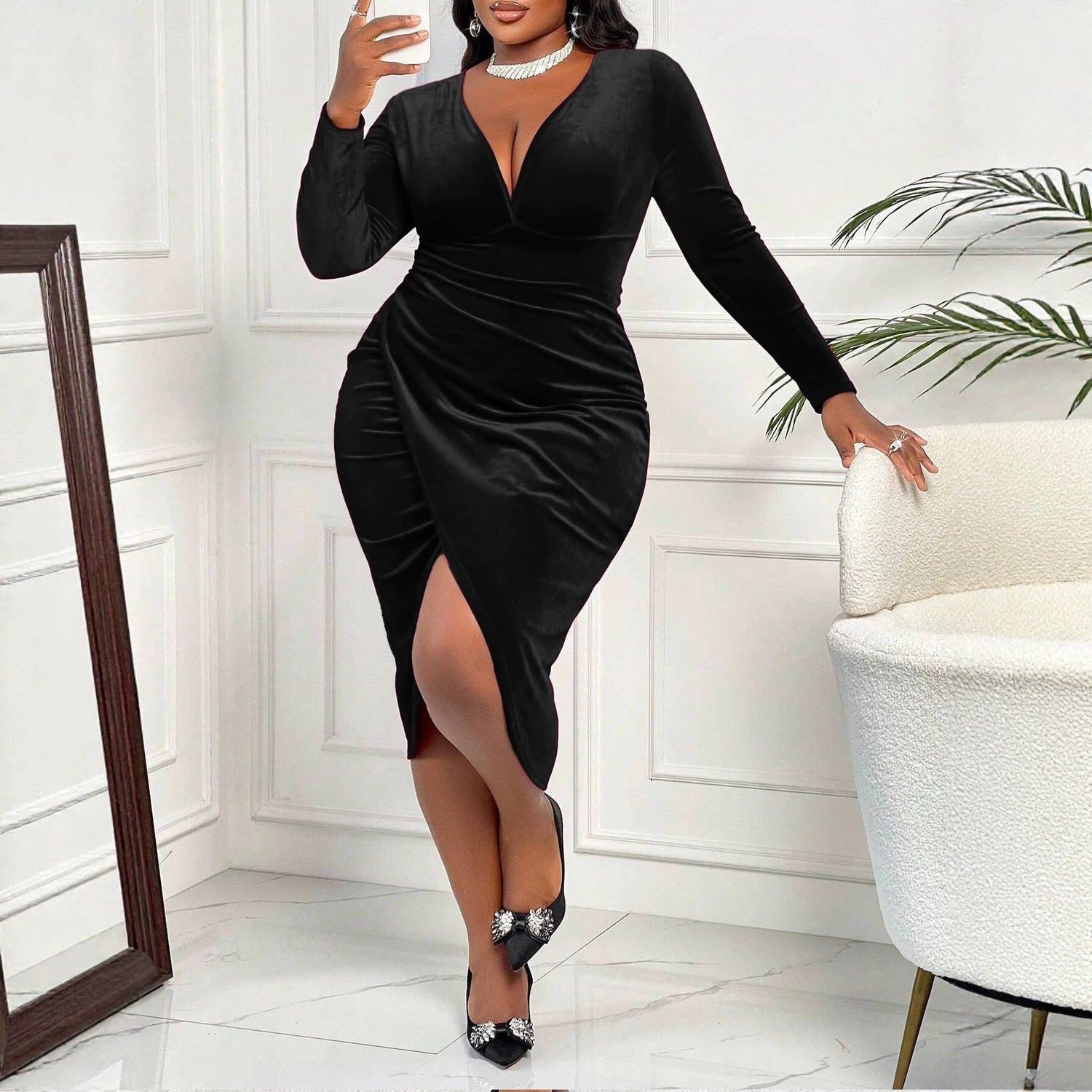 Velvet Dress Deep V Plunge neck Long Sleeve Pleated Waist Tight Split Slimming Christmas Sheath Dress by Ragazza