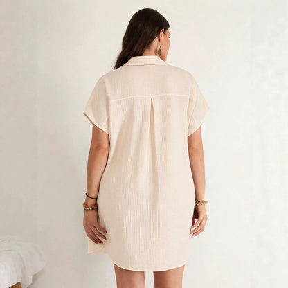 Plus Size Women Loose Pleated Shirt Dress Women Collared Short Sleeve Pocket Vacation Dress by Ragazza