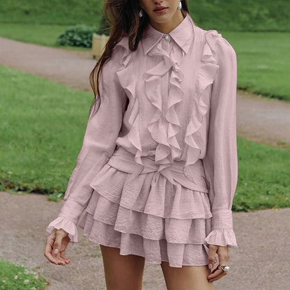 Summer Short Temperamental French Dress Women Design Ruffled Collared Long Sleeve A line Dress by Ragazza