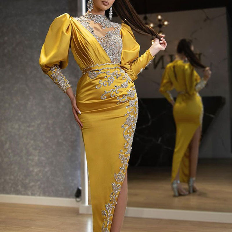 Spring Gold Women Wedding Satin Large Swing Sexy Dress Trailing Cocktail Evening Dress by Ragazza