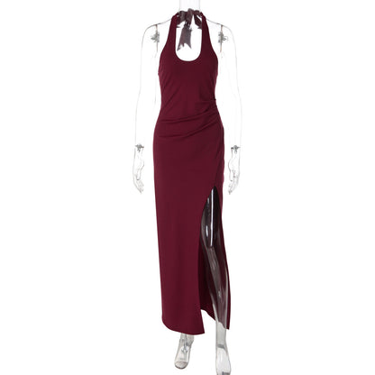 Summer Elegant Elegant Dress Lace up Halterneck U Collar Waist Trimming Split Dress by Ragazza