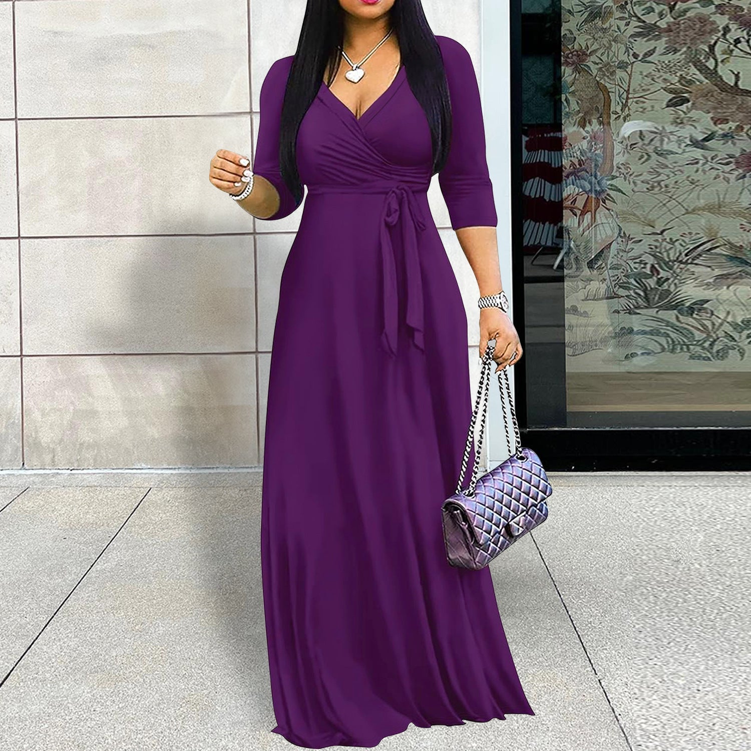 Women Clothing Spring Summer Elegant Solid Color V neck Waist Half Sleeve Maxi Dress