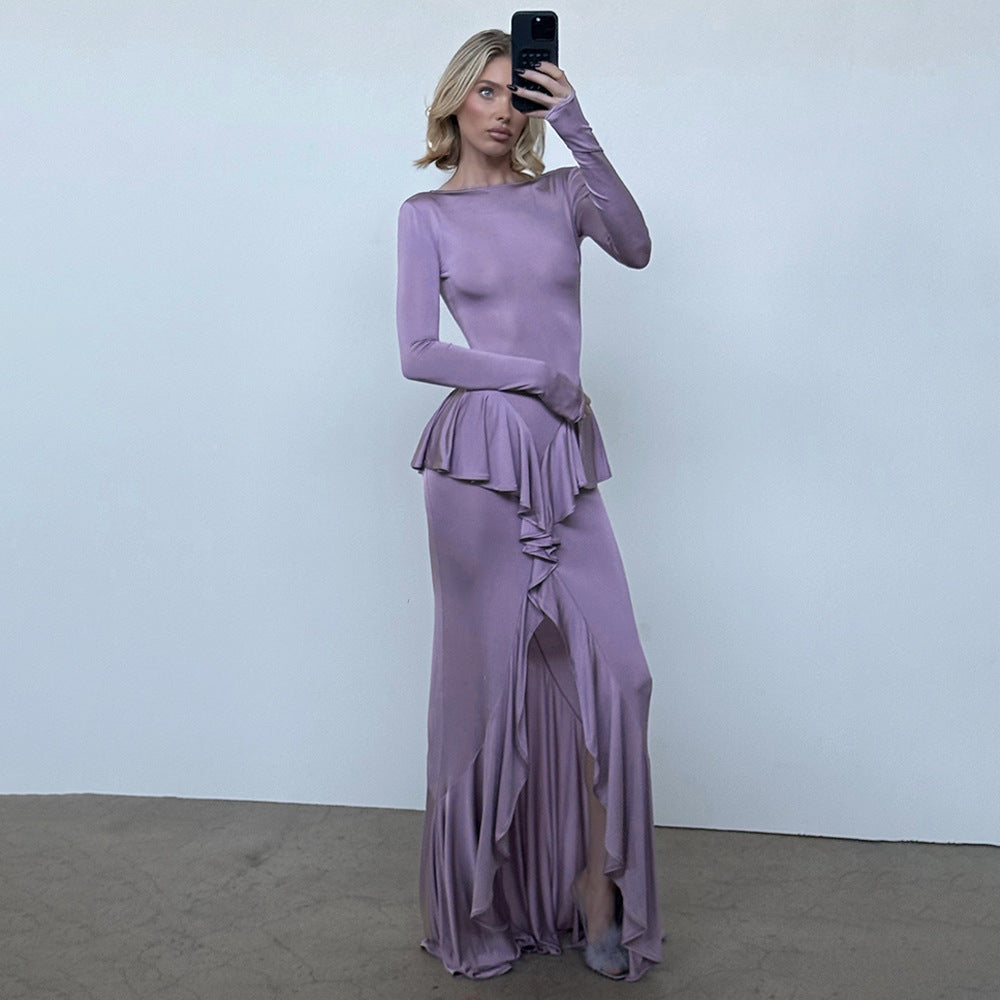 Spring Summer Sexy Backless Women Dress Elegant Ruffles Slit Slim Fitting Dress by Ragazza