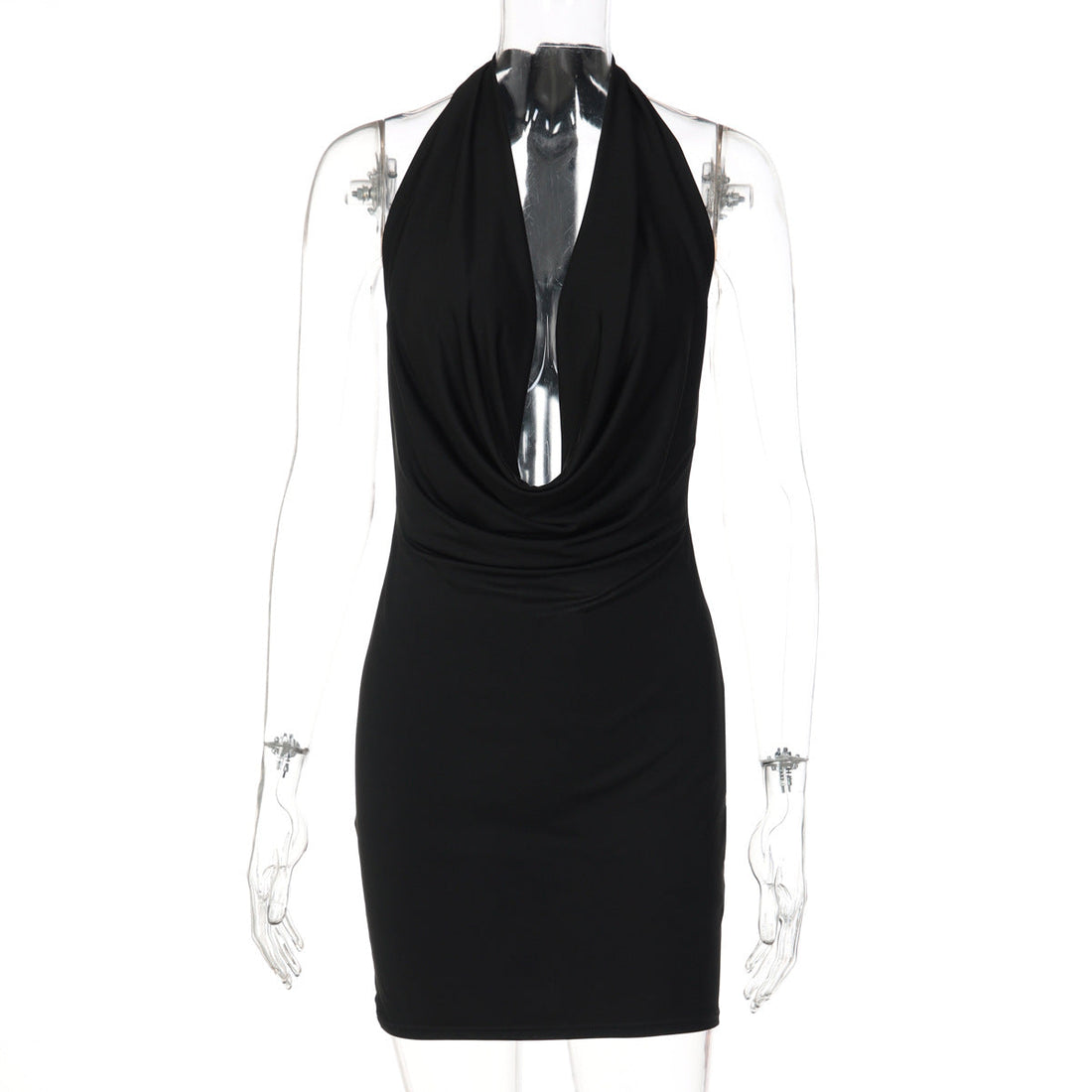 Women Solid Color Halter Deep V Plunge neck Backless Sexy Slim Hip Dress