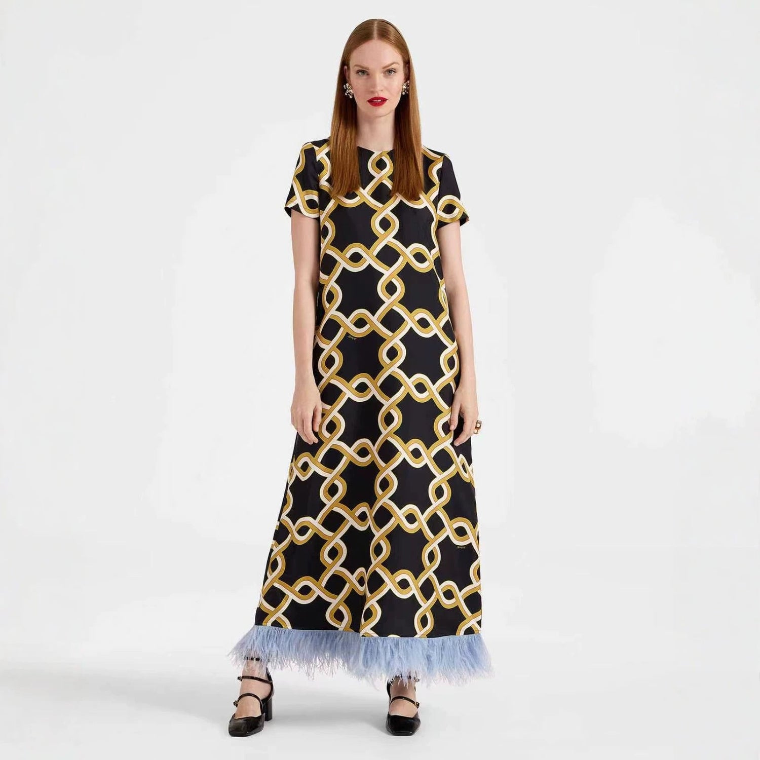 Spring Summer Satin Positioning Printed Feather Dress Short Sleeve Loose Dress for Women by Ragazza