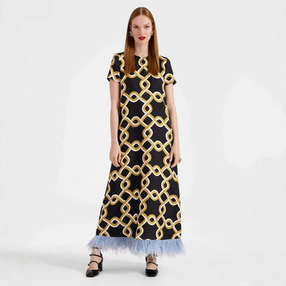 Spring Summer Satin Positioning Printed Feather Dress Short Sleeve Loose Dress for Women by Ragazza