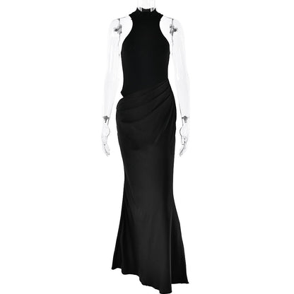 Women Dress round Neck Sleeveless Slim Fitting Patchwork Maxi Dress Hollowed out Dress