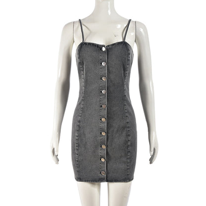 Stretch Denim Dress Single Breasted Corset Sexy Sling Denim Distressed Short Hip Dress