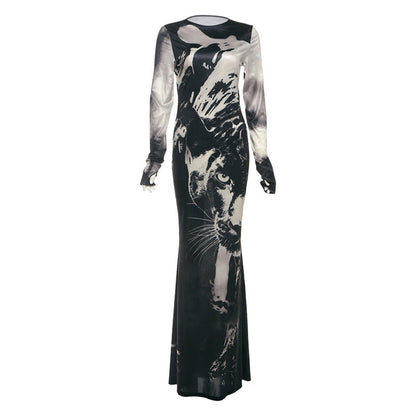 Summer Women High Waist Slim Fit round Neck Long Sleeves Printing Dress