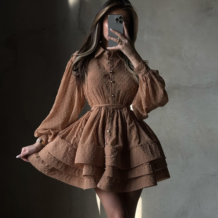 Short A Word Dress Women Elegant Collared Long Sleeve Single Breasted Lace up Shirt Dress