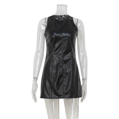 Women Clothing Sexy Sleeveless Vest Dress Slim Fit Slimming Retro Faux Leather Dress Short Dress