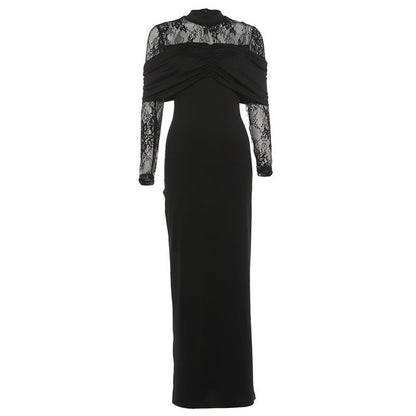 Winter Women Clothing Elegant Graceful Slim Fit Pleated Design Lace Stitching Dress