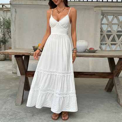 Simple Vacation White Lace Sling Cake Large Swing Dress by Ragazza