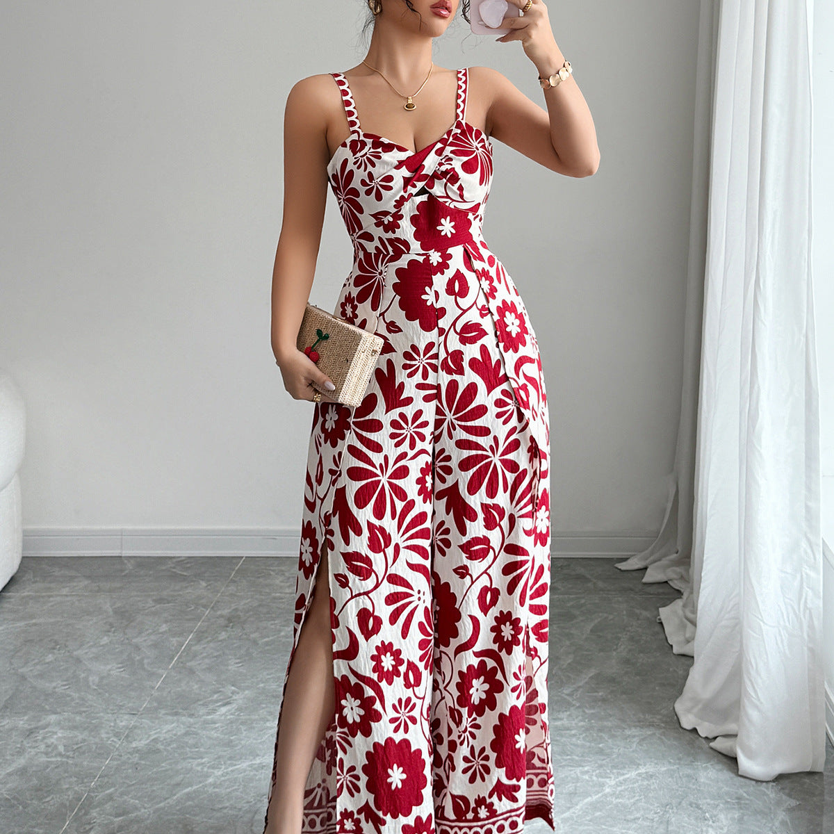 Spring Summer Elegant Twist Print Sling Wide Leg One Piece Long Pants Women Clothing