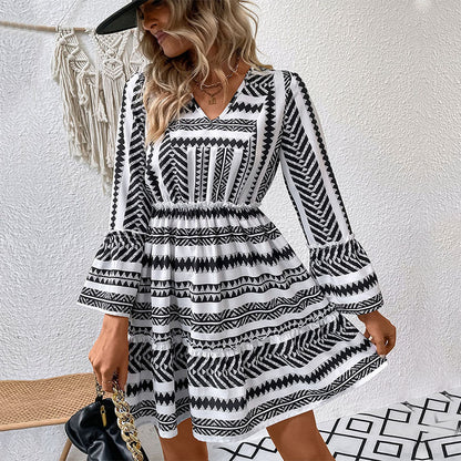 Short Women Autumn Winter Long Sleeve Printed Dress