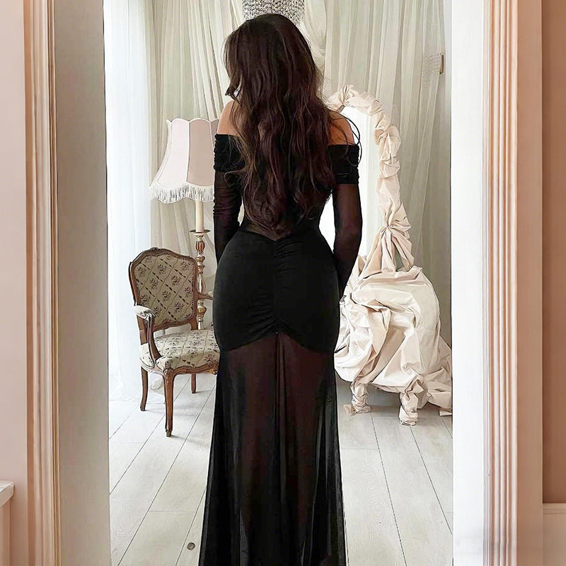 Autumn Winter Women Clothing Sexy Mesh See through off Shoulder Slim Fit Pleated Long Sleeved Dress for Women