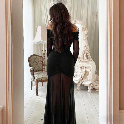 Autumn Winter Women Clothing Sexy Mesh See through off Shoulder Slim Fit Pleated Long Sleeved Dress for Women