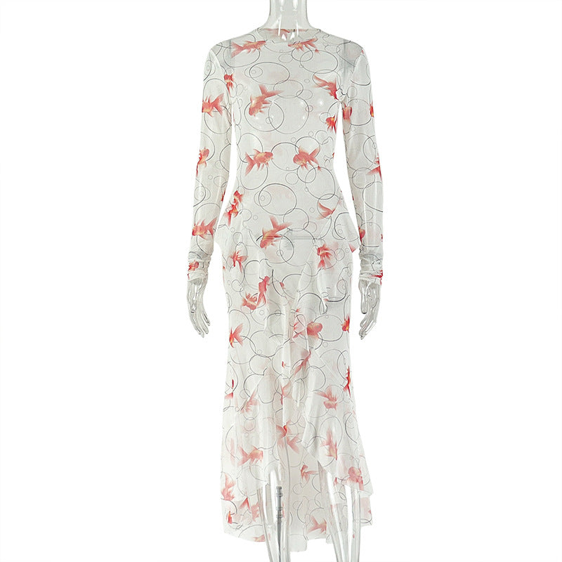 Women Clothing Fresh Printed Long Sleeve Pleated Hip Turtleneck Ruffled Split Maxi Dress