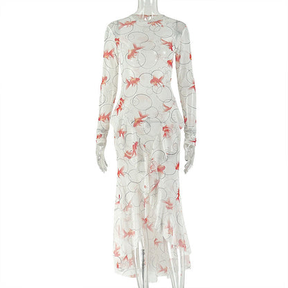 Women Clothing Fresh Printed Long Sleeve Pleated Hip Turtleneck Ruffled Split Maxi Dress