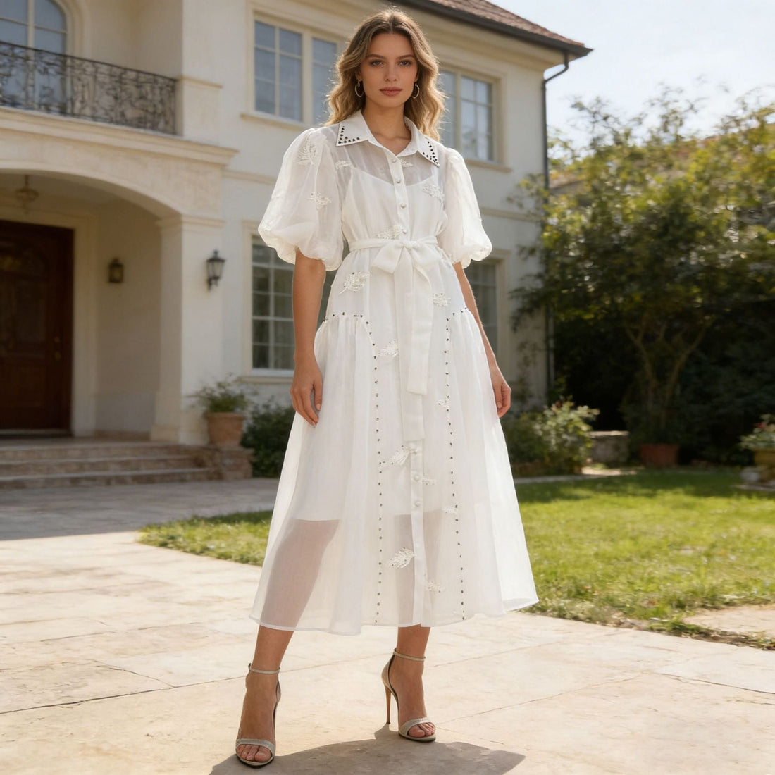 Spring Puff Sleeve Solid Color Waist Tight Collared Patchwork Maxi Dress Two Piece Elegant Dress for Women by Ragazza