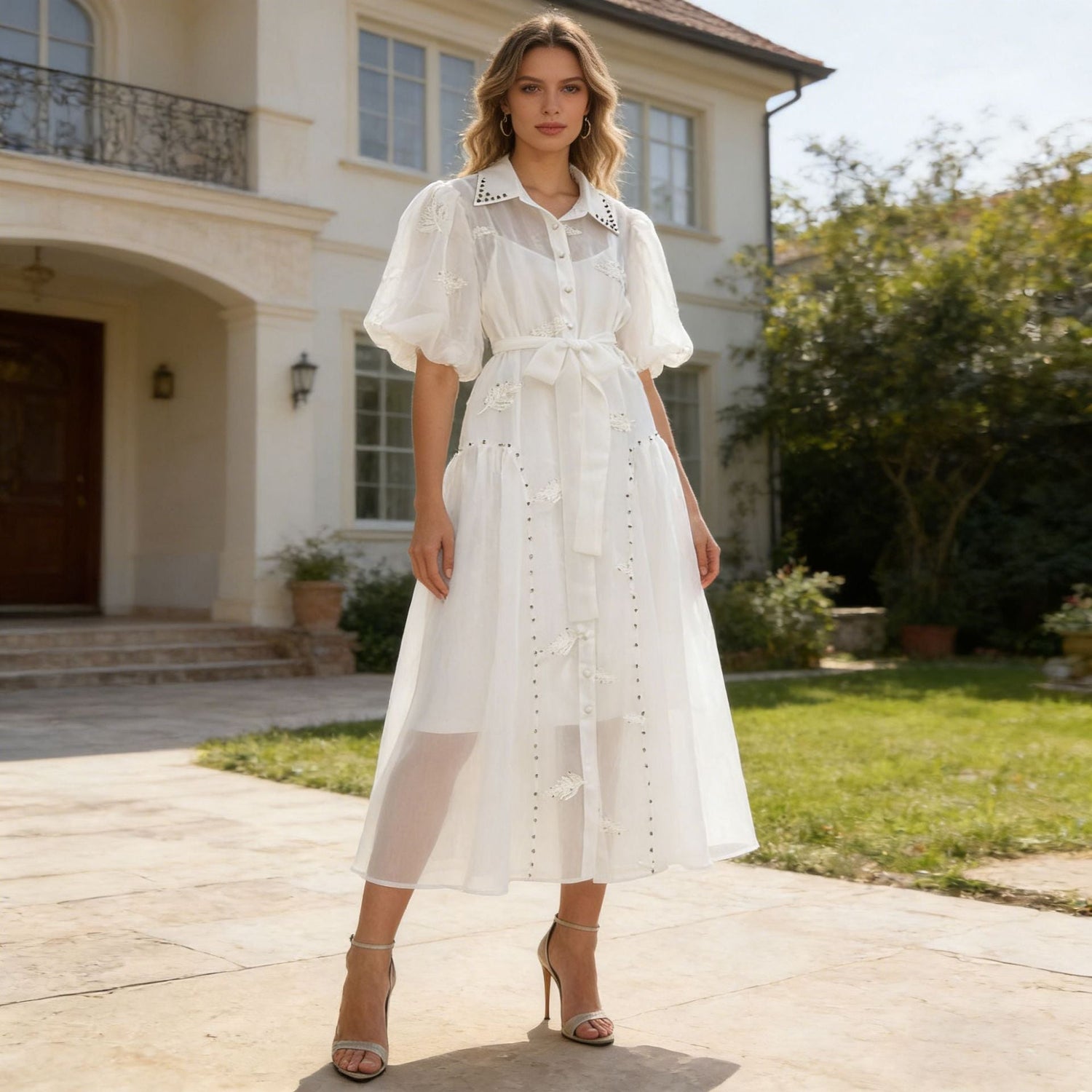 Spring Puff Sleeve Solid Color Waist Tight Collared Patchwork Maxi Dress Two Piece Elegant Dress for Women by Ragazza