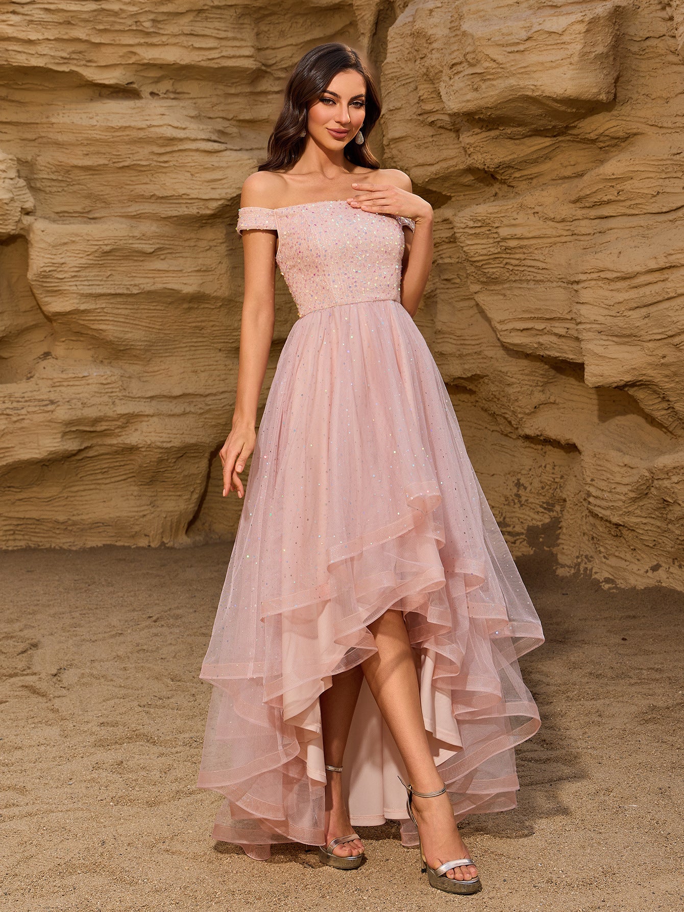 Summer Quality off Shoulder Sequin Stitching Mesh Irregular Asymmetric Multi Layer Evening Dress Party Mid Length Dress by Ragazza